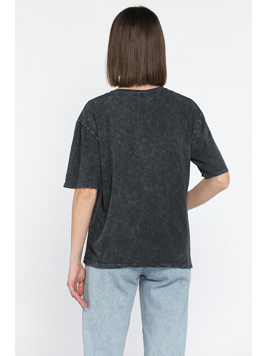 Gri Kadın Bisiklet Yaka Baskılı Tişört-2