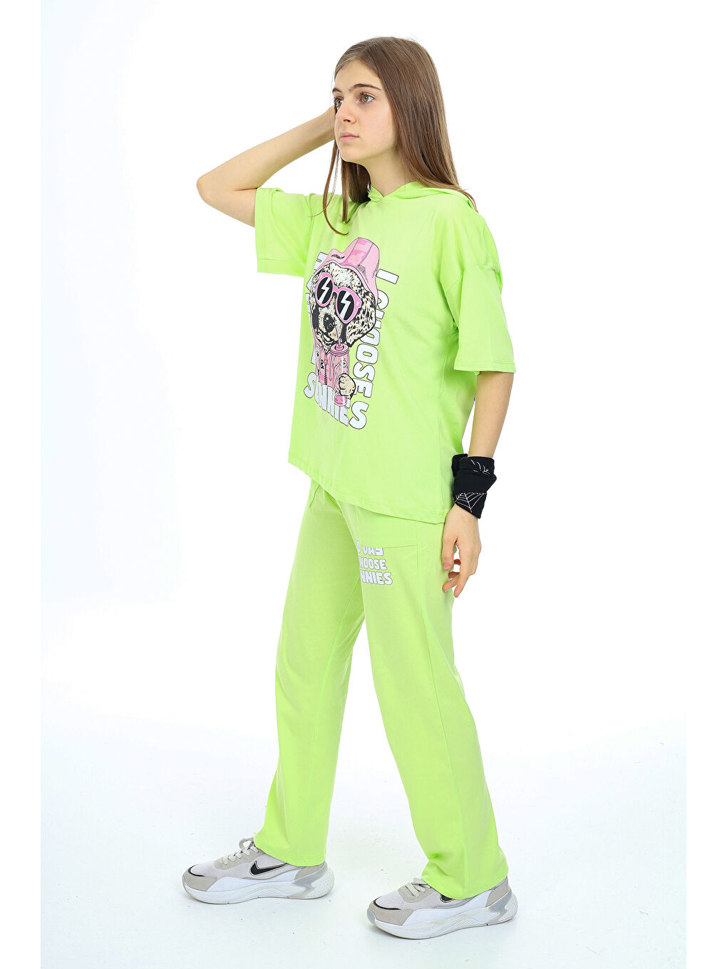 Yeşil Kız Çocuk Kapüşonlu Alt Üst Yazlık Takım 12153-3