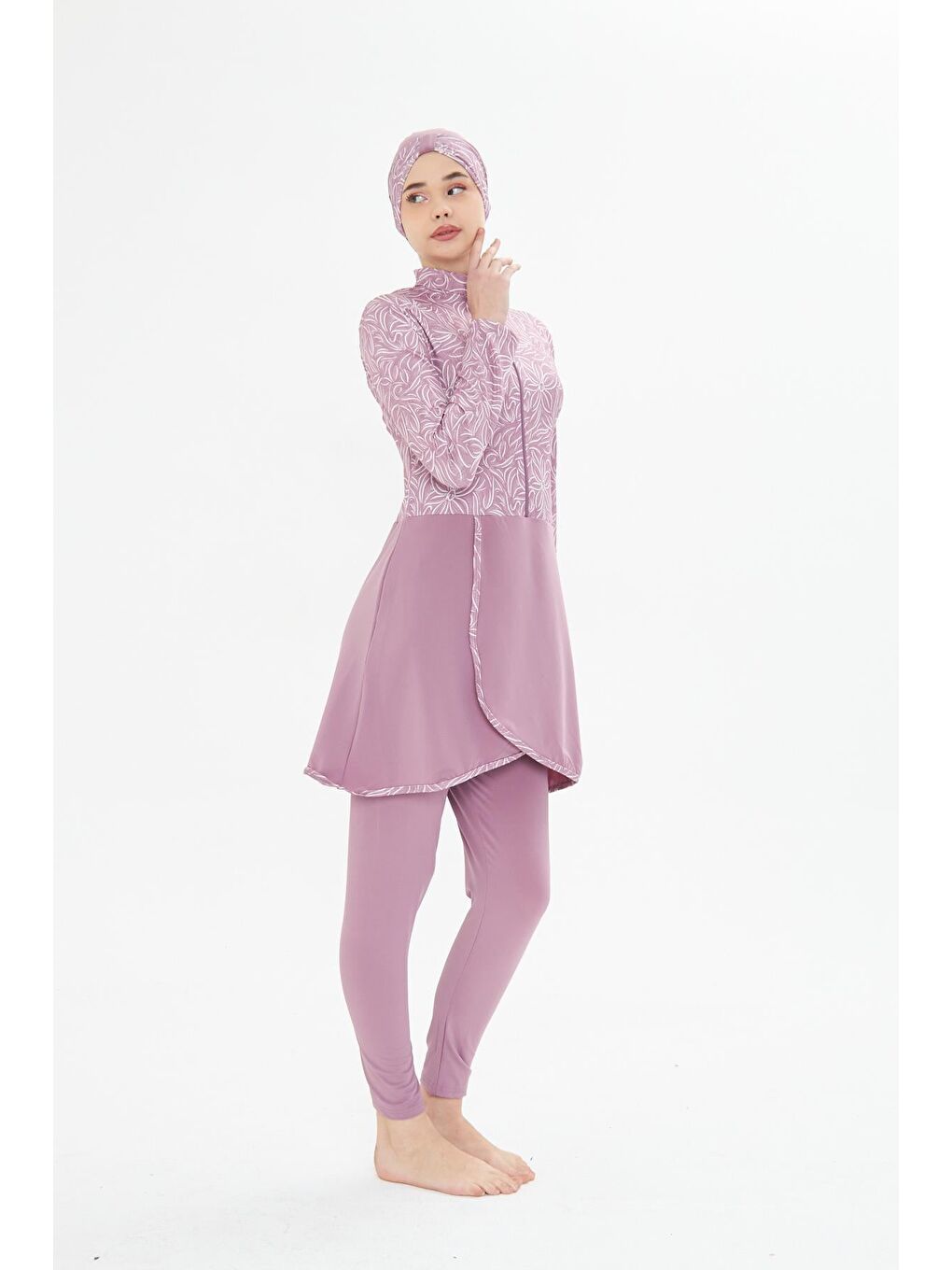 Tam Kapalı Elastanlı Desenli Etekli Tesettür Mayo Pembe 3483-P-4