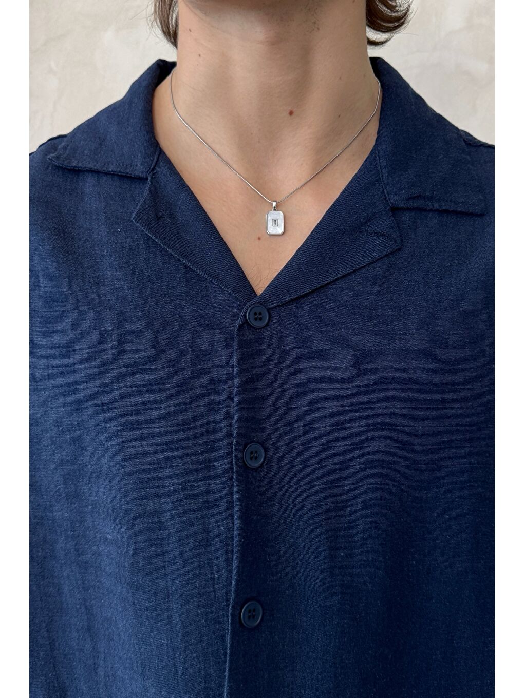 Lacivert Erkek Oversize Apaş Yaka Kısa Kollu Keten Gömlek-4