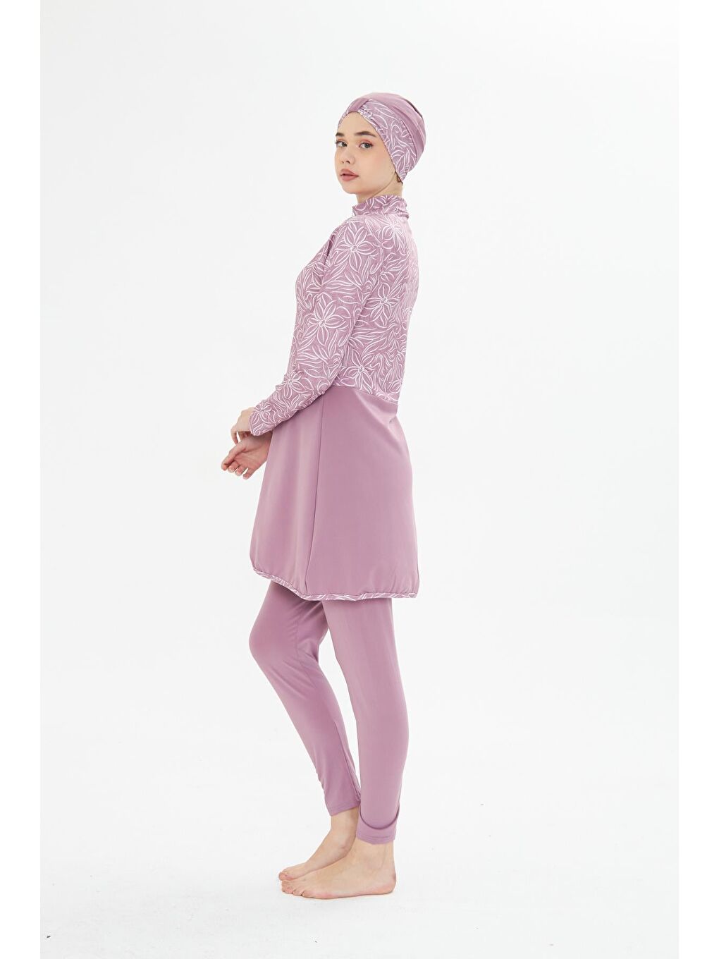 Tam Kapalı Elastanlı Desenli Etekli Tesettür Mayo Pembe 3483-P-5