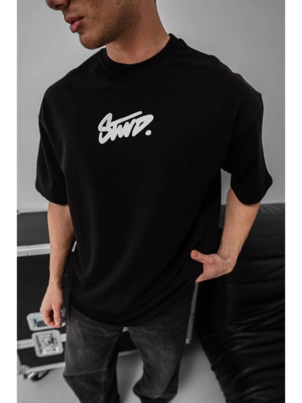 Erkek Baskılı Oversize T-shirt - Siyah-3