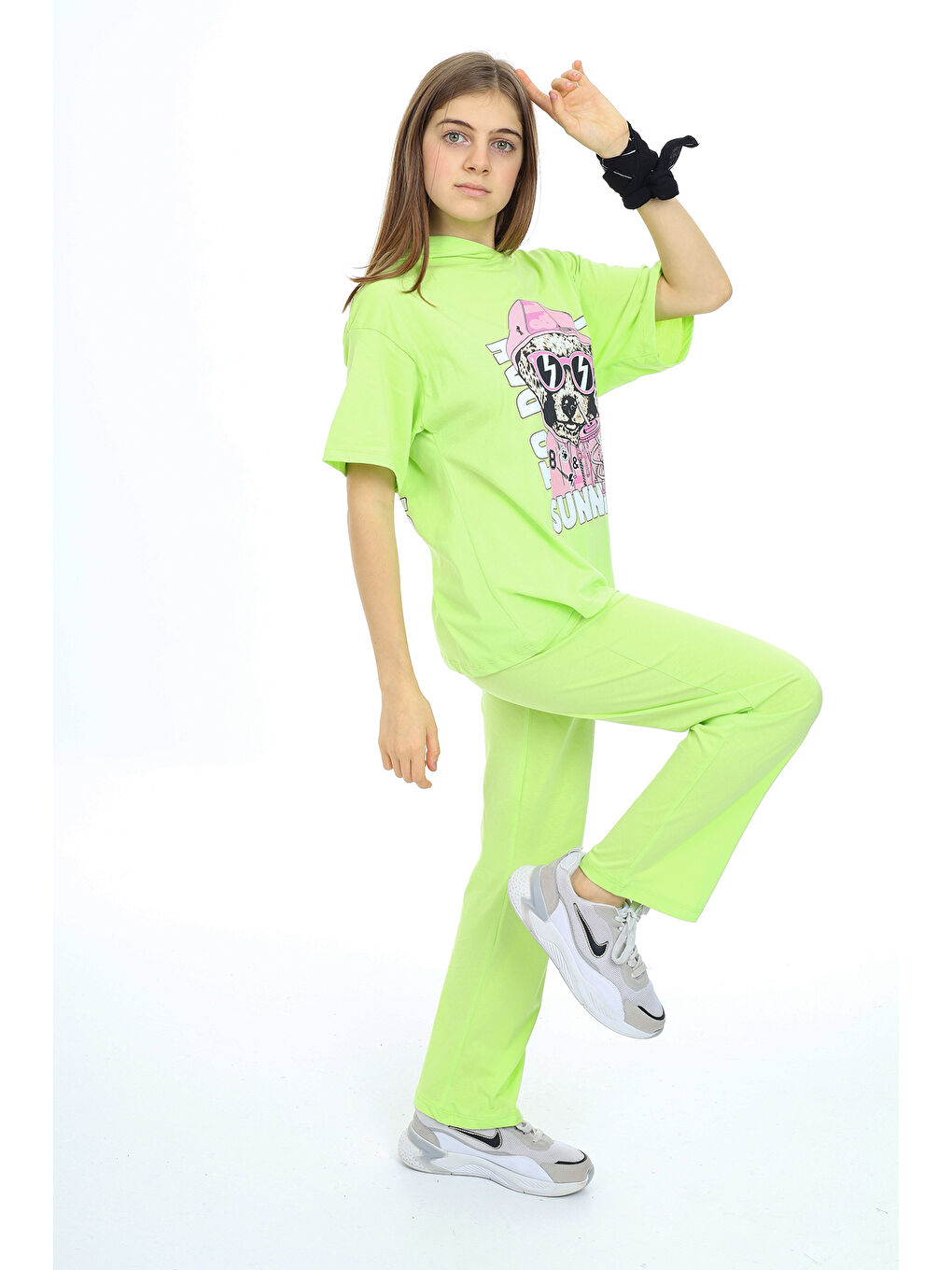 Yeşil Kız Çocuk Kapüşonlu Alt Üst Yazlık Takım 12153-4