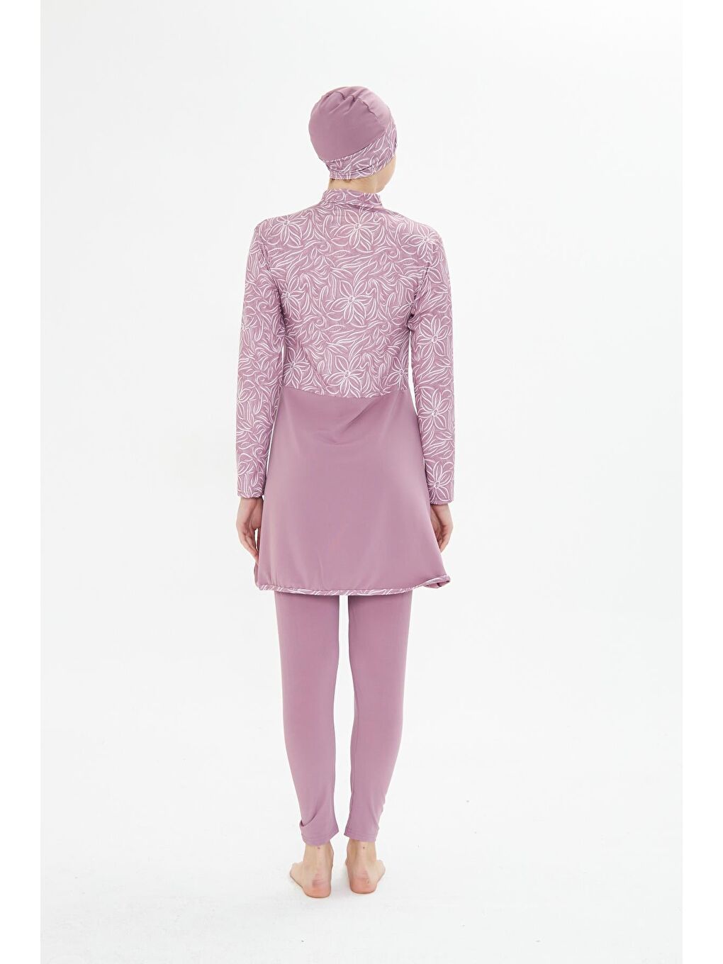 Tam Kapalı Elastanlı Desenli Etekli Tesettür Mayo Pembe 3483-P-6