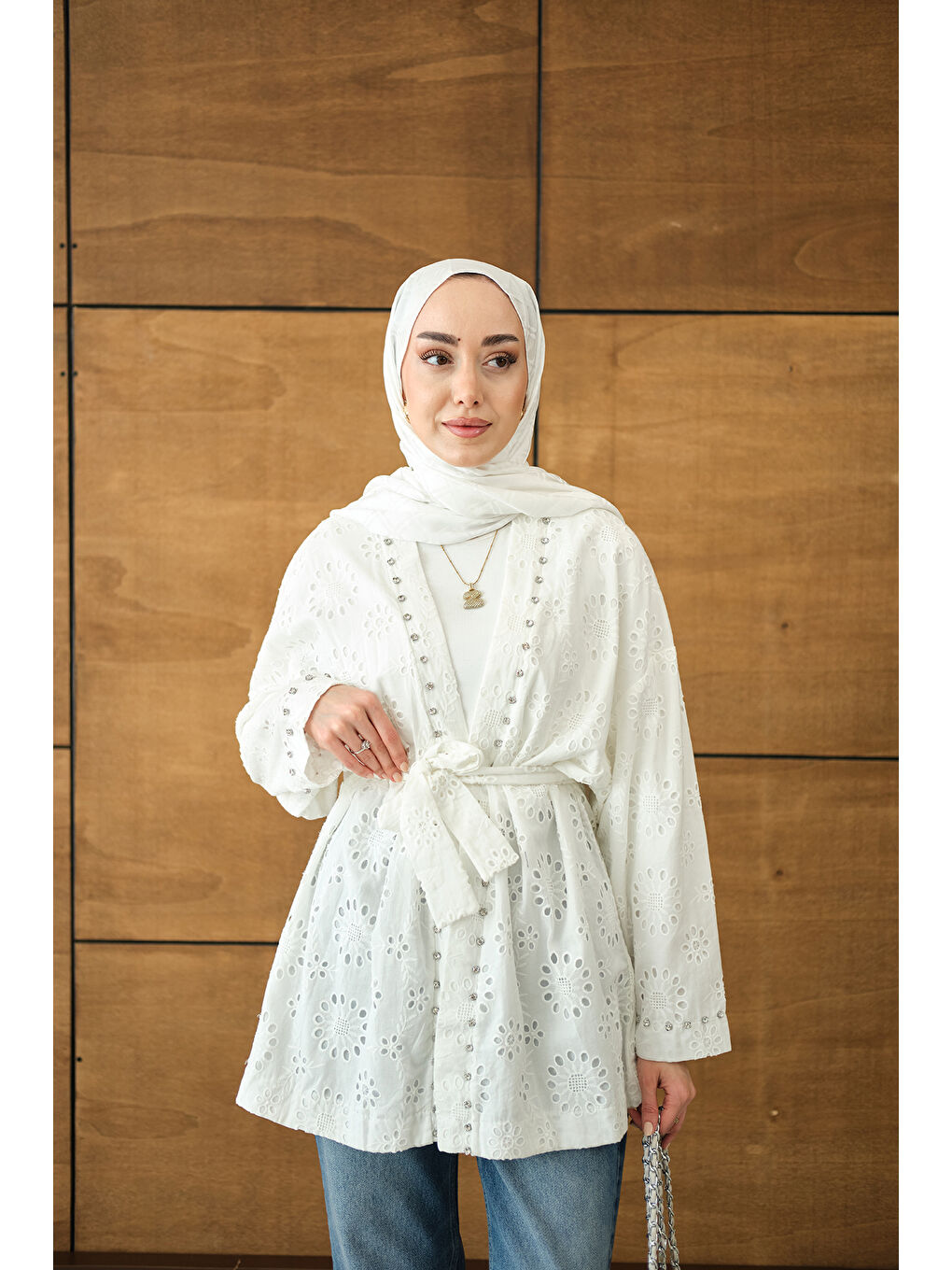 Kadın Brode Taş İşlemeli Kimono Beyaz-2