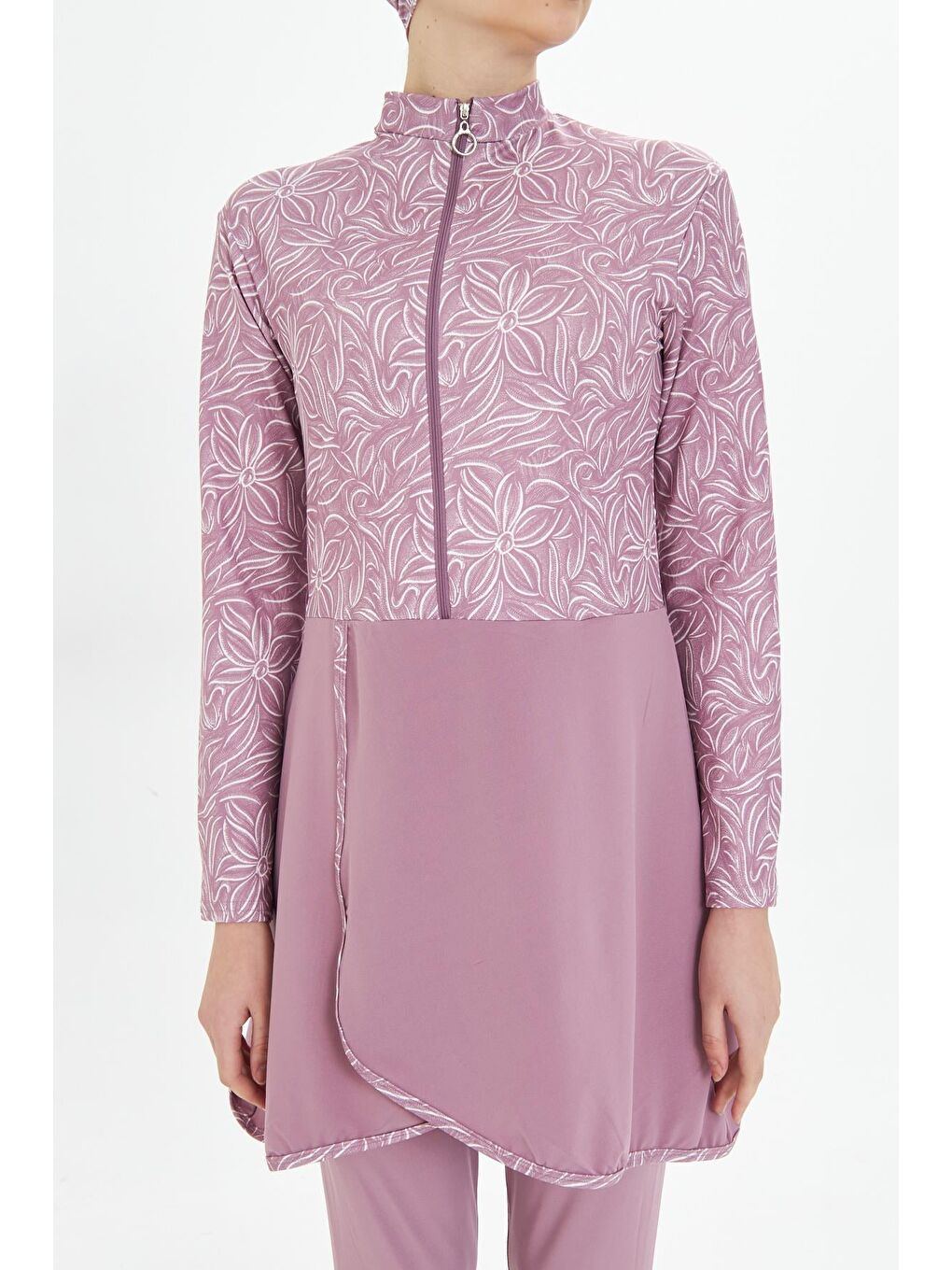 Tam Kapalı Elastanlı Desenli Etekli Tesettür Mayo Pembe 3483-P-7