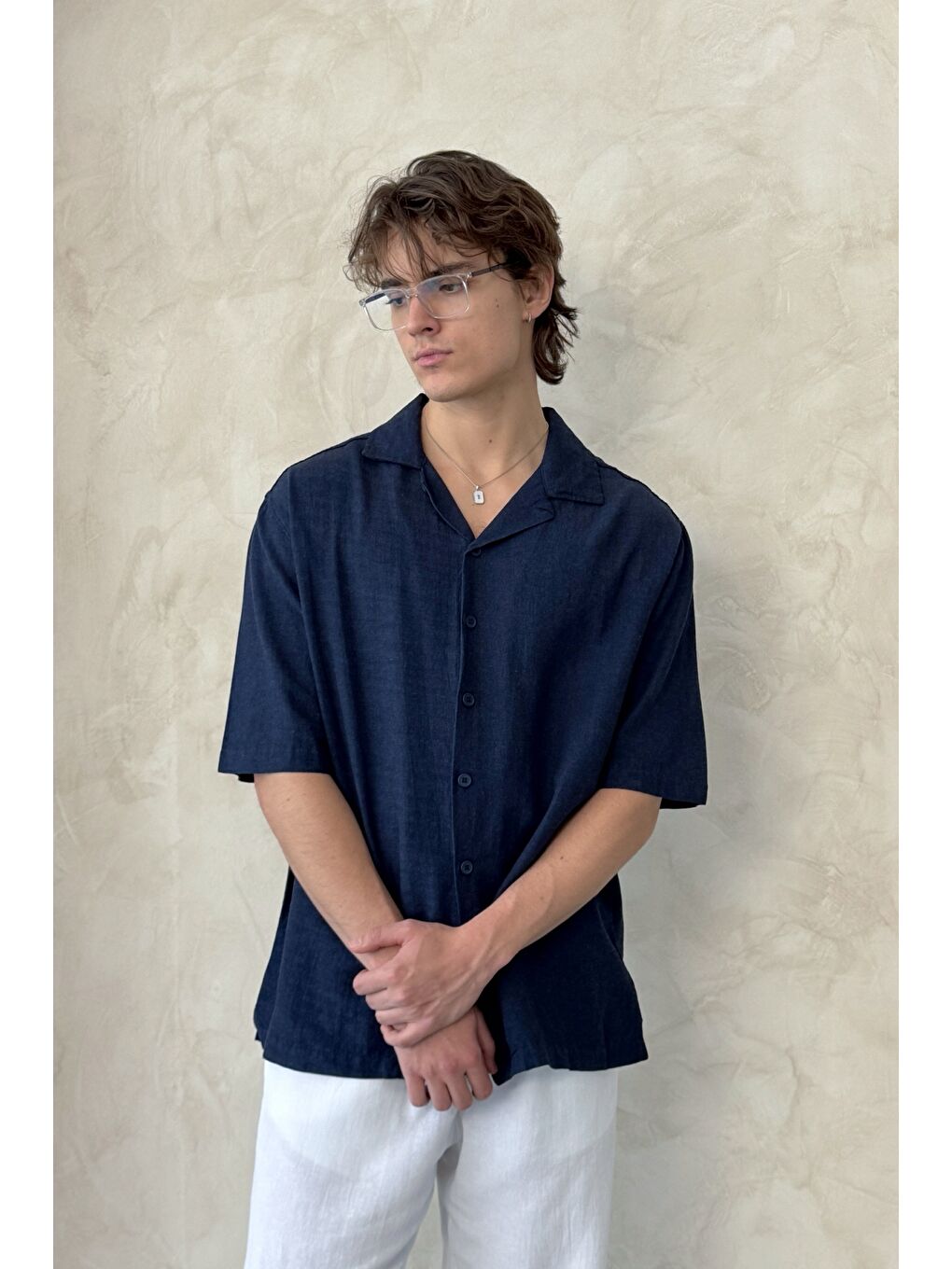 Lacivert Erkek Oversize Apaş Yaka Kısa Kollu Keten Gömlek-6