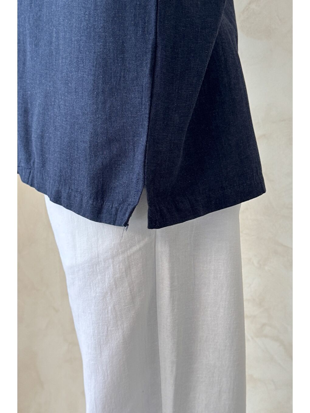 Lacivert Erkek Oversize Apaş Yaka Kısa Kollu Keten Gömlek-7