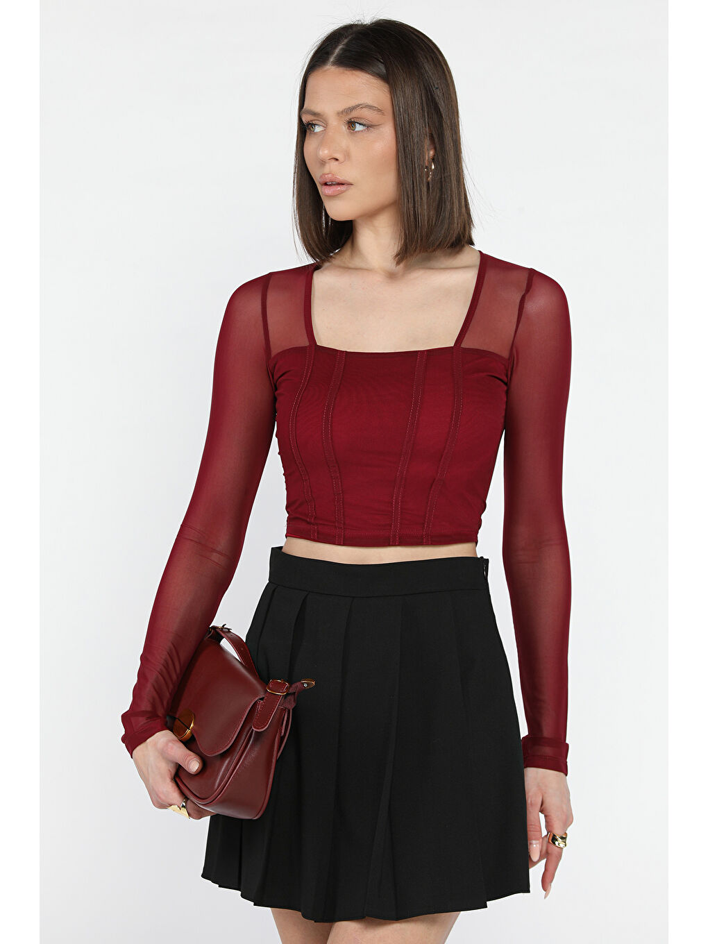 Mürdüm Kadın Kare Yaka Sırt Ve Kol Transparan Crop Top Bluz-1