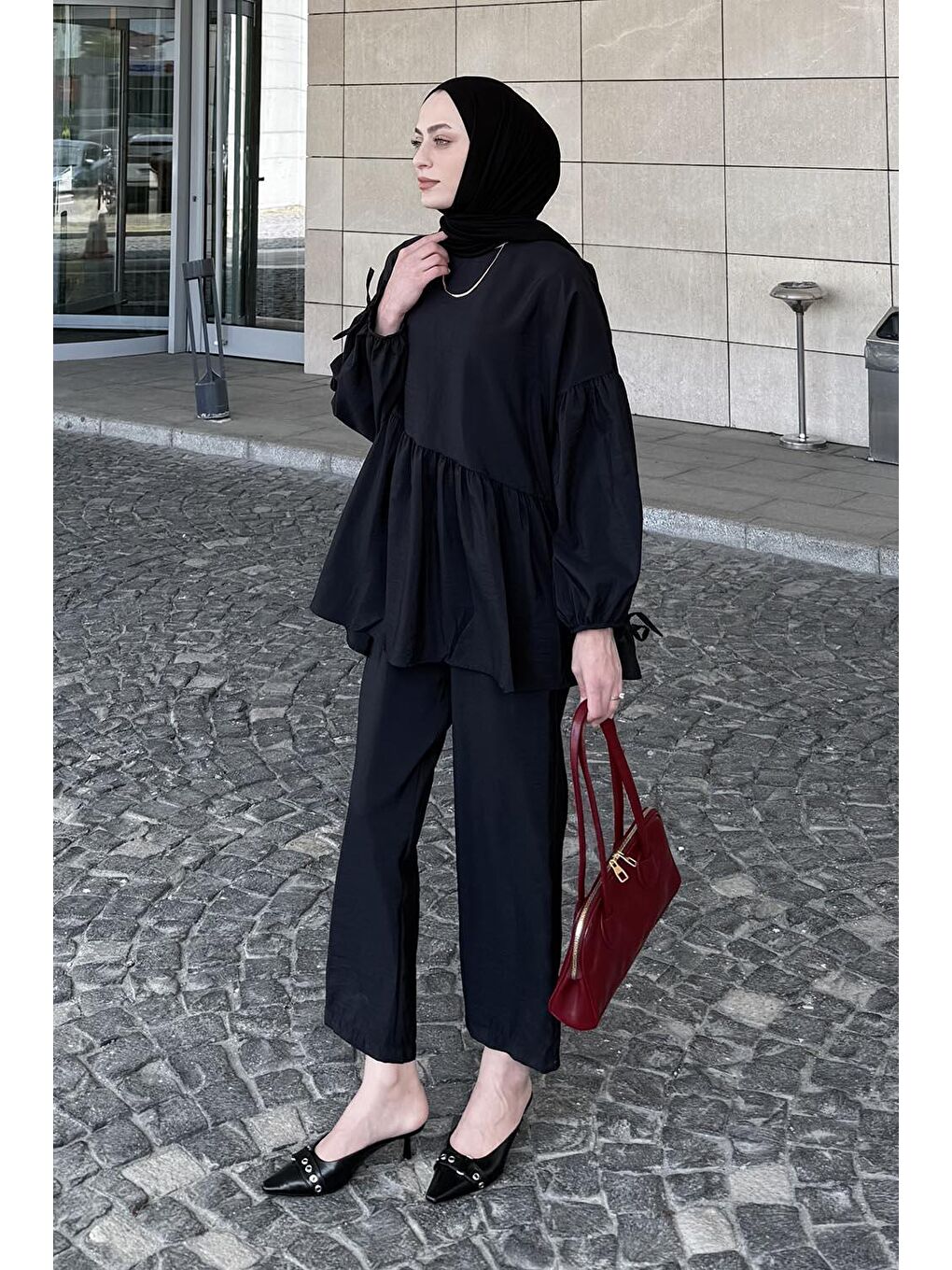 Fırfırlı Bluz Pantolon Takım Siyah-1