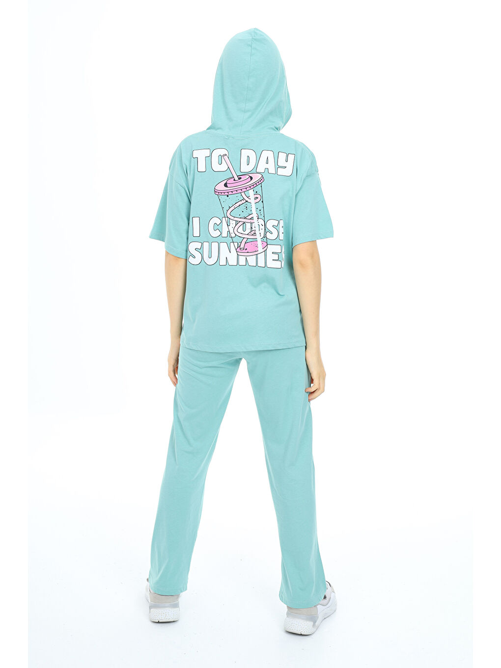 Turkuaz Kız Çocuk Kapüşonlu Alt Üst Yazlık Takım 12153-1