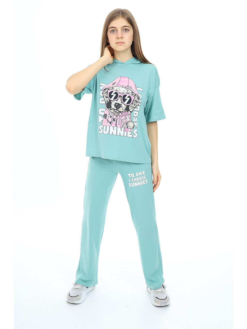 Turkuaz Kız Çocuk Kapüşonlu Alt Üst Yazlık Takım 12153-2