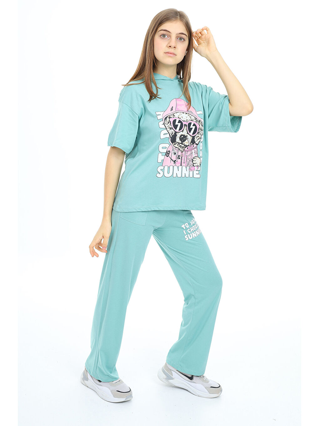 Turkuaz Kız Çocuk Kapüşonlu Alt Üst Yazlık Takım 12153-3
