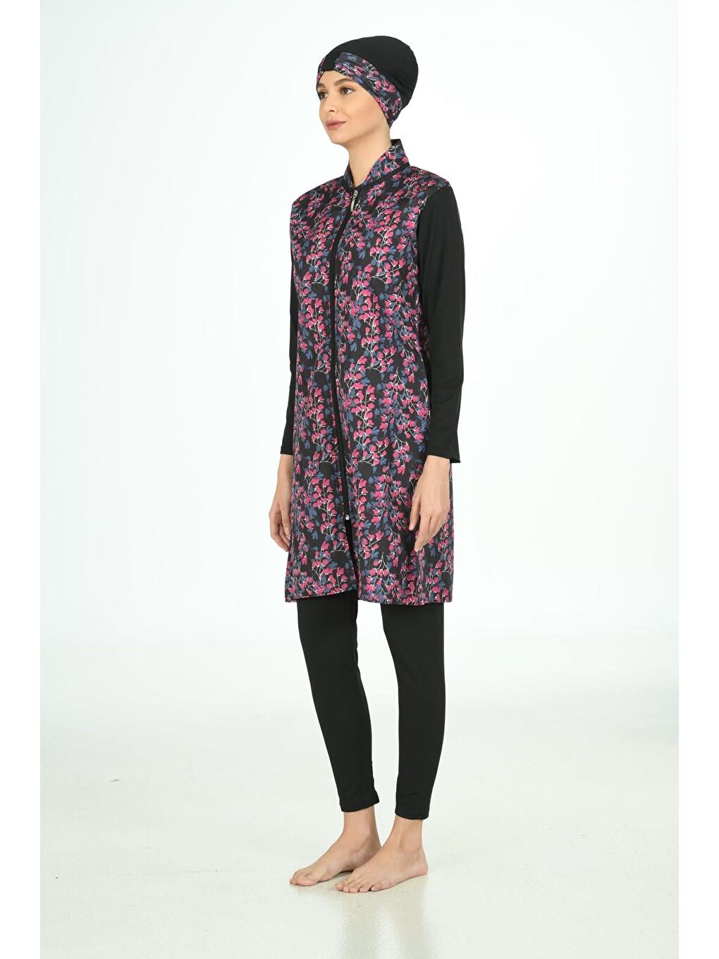 Siyah Tam Kapalı Desenli Paraşüt Kumaş Tesettür Mayo 3109