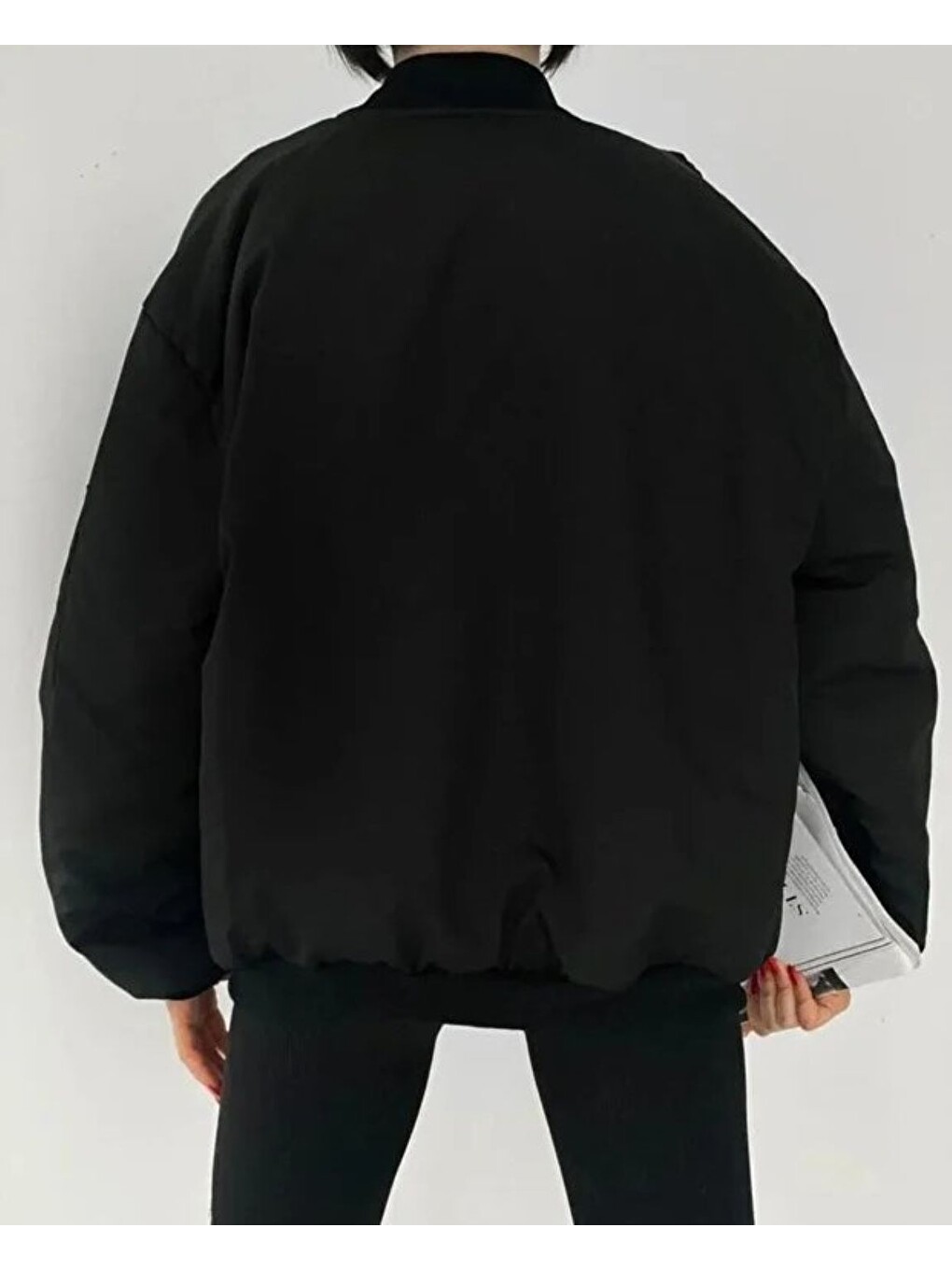 Kadın Oversize Şişme Bomber Ceket – Fermuarlı Siyah Kolej Yaka-2