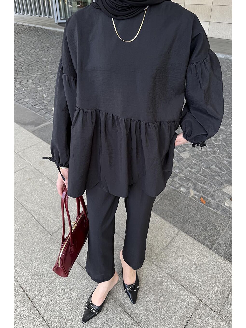 Fırfırlı Bluz Pantolon Takım Siyah-2