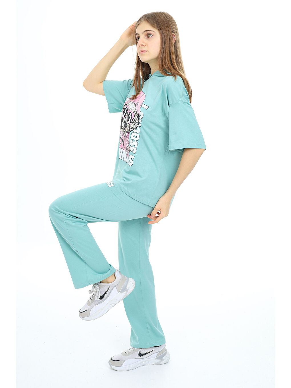Turkuaz Kız Çocuk Kapüşonlu Alt Üst Yazlık Takım 12153-4