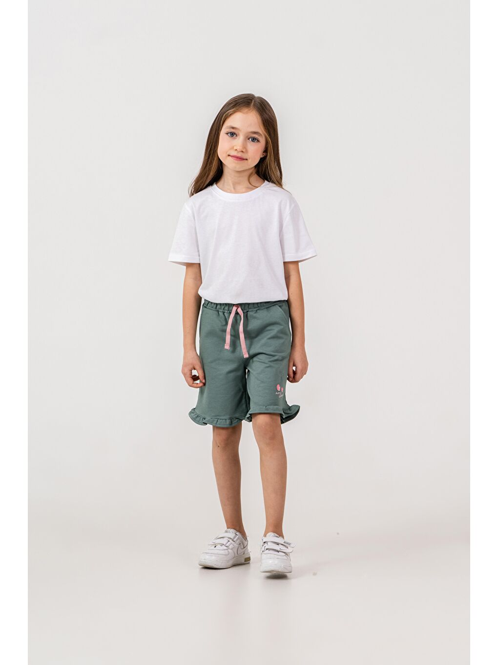Yeşil Fırfırlı Kiraz Baskılı Kız Çocuk Şort