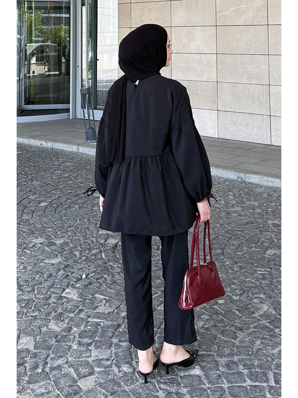 Fırfırlı Bluz Pantolon Takım Siyah-3