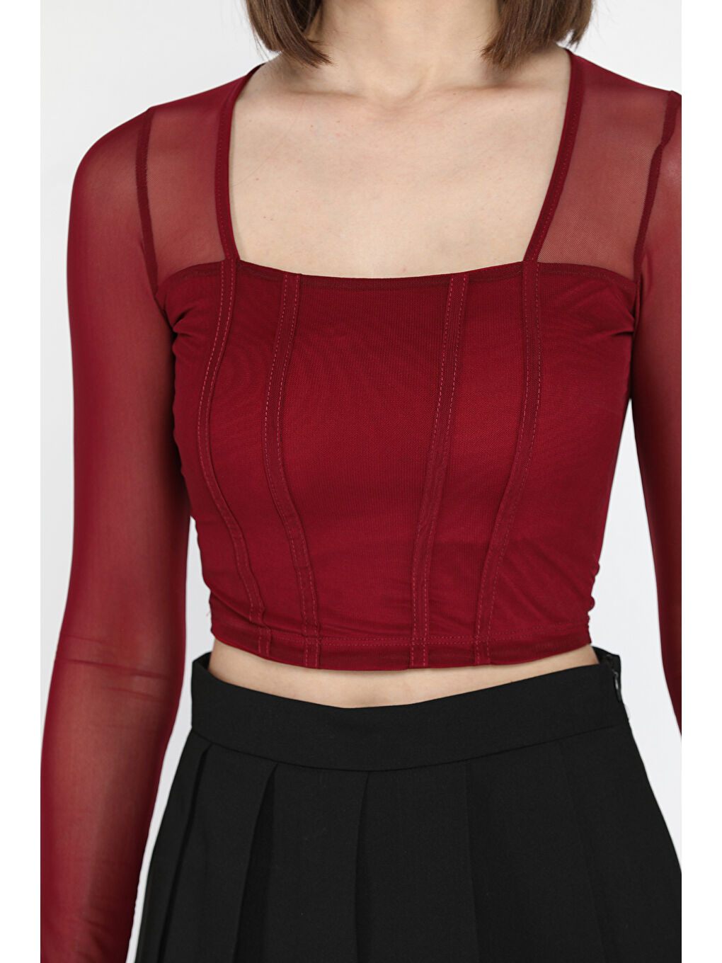 Mürdüm Kadın Kare Yaka Sırt Ve Kol Transparan Crop Top Bluz-3