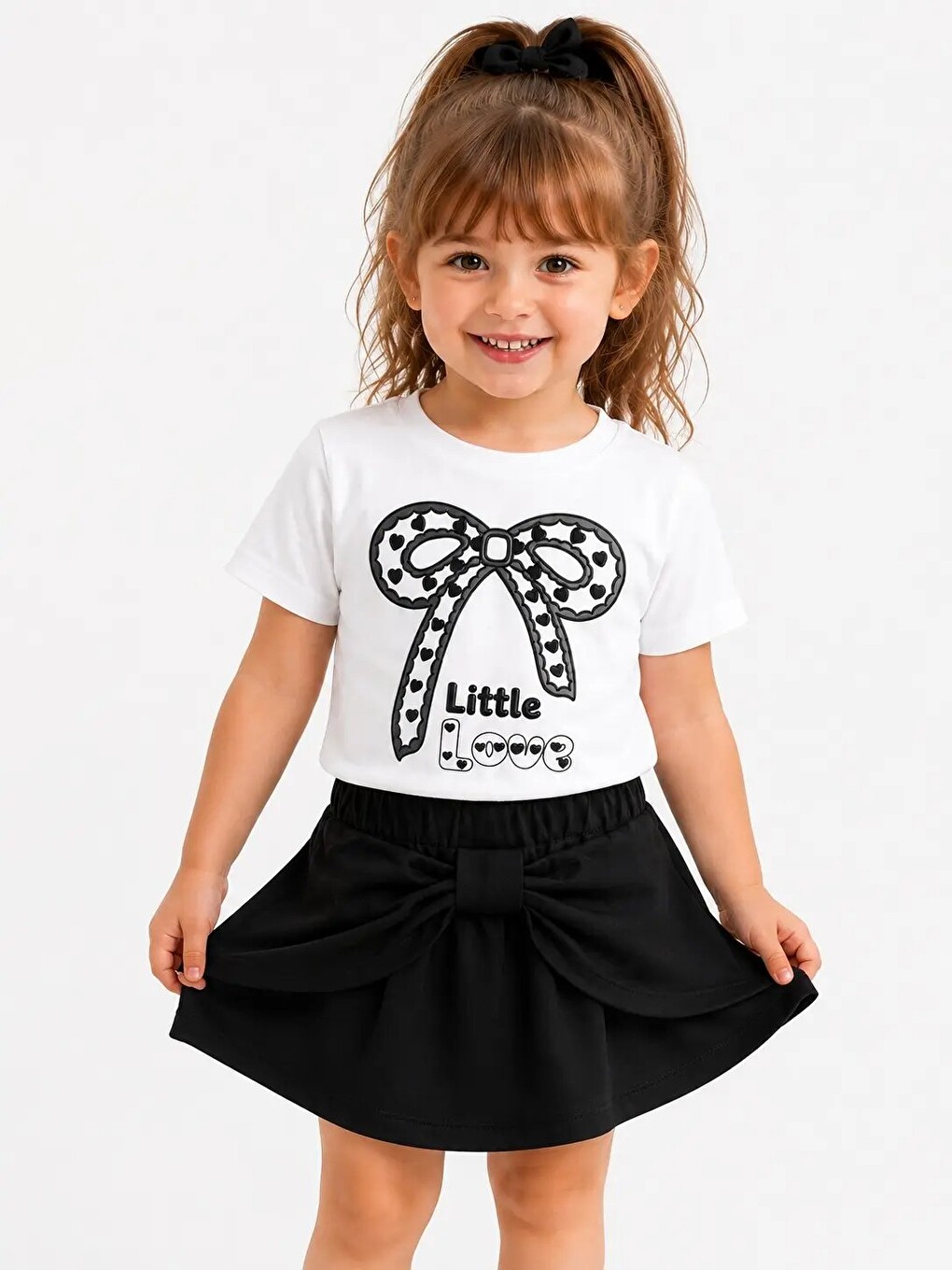 Siyah Little Love Baskılı Şort Etekli Kız Çocuk Takım 30473-1
