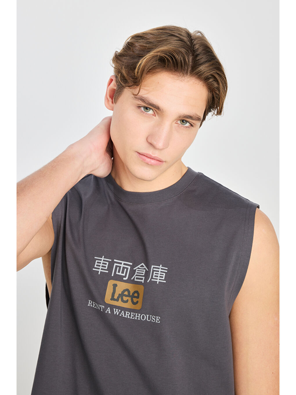 Antrasit %100 Pamuk Relaxed Fit Geniş Kesim Bisiklet Yaka Baskılı Antasit Tişört-3