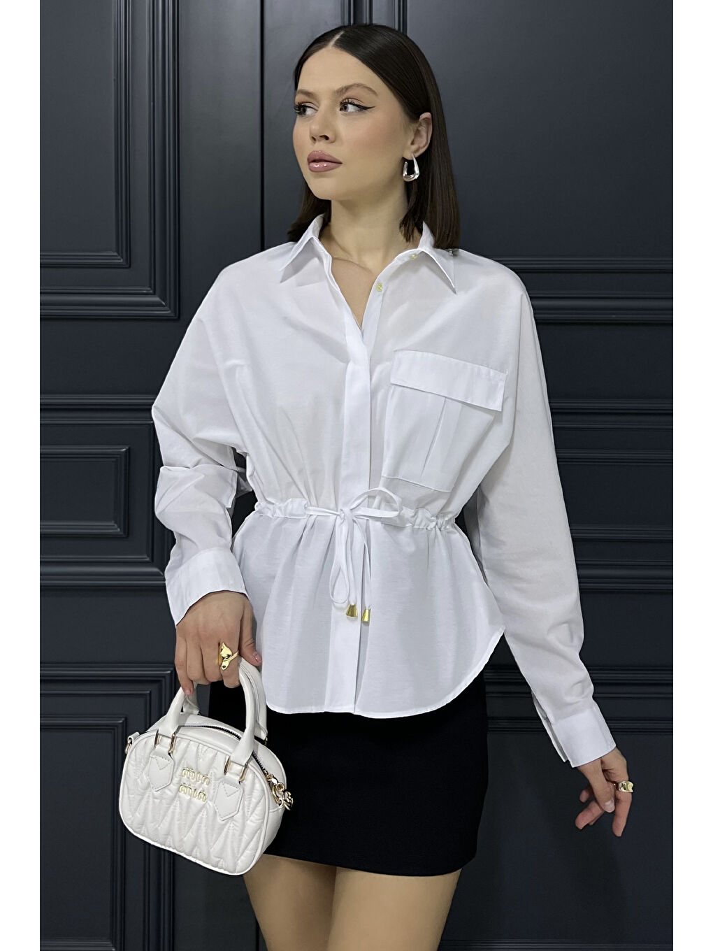 Beyaz Bel Bağcıklı Uzun Kol Kadın Gömlek