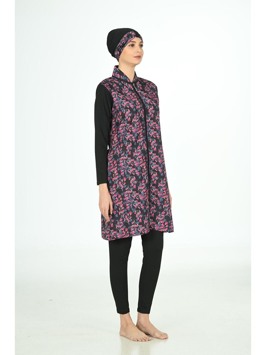 Siyah Tam Kapalı Desenli Paraşüt Kumaş Tesettür Mayo 3109-1