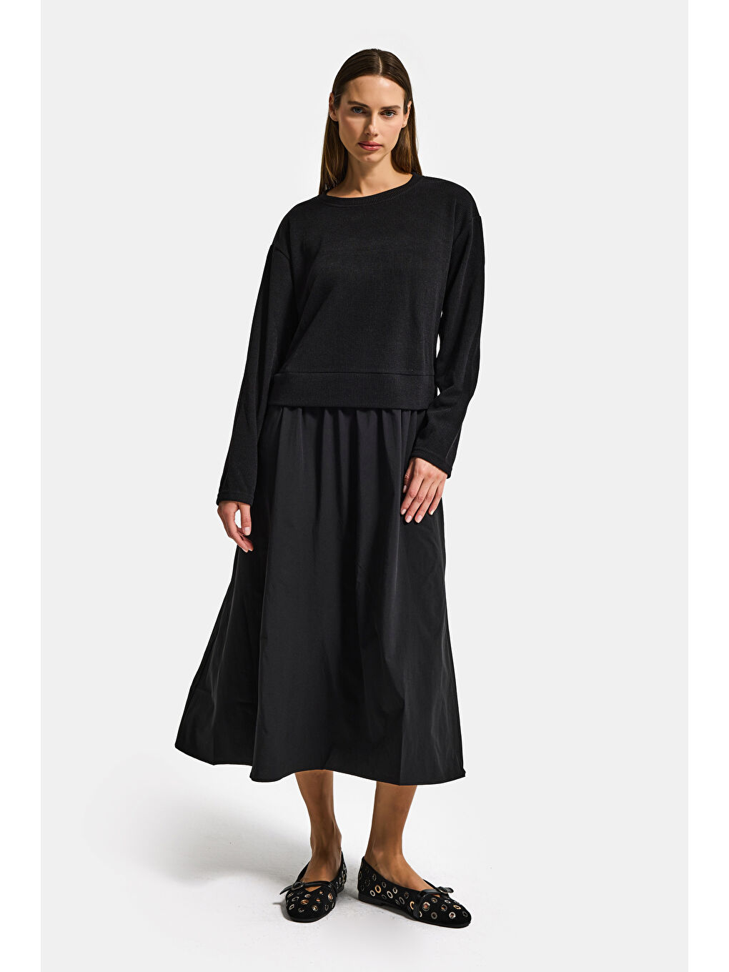 Kadın Siyah w5 Triko Kazak Etek Tek Parça Tasarım Elbise-1