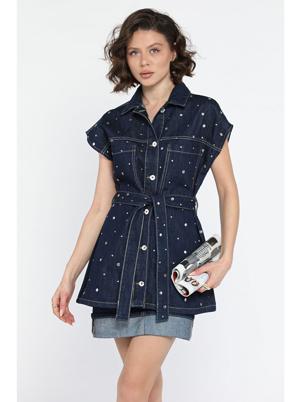 Lacivert Zımba Detaylı Kuşaklı Yelek Etek Kadın Jean İkili Takım-1