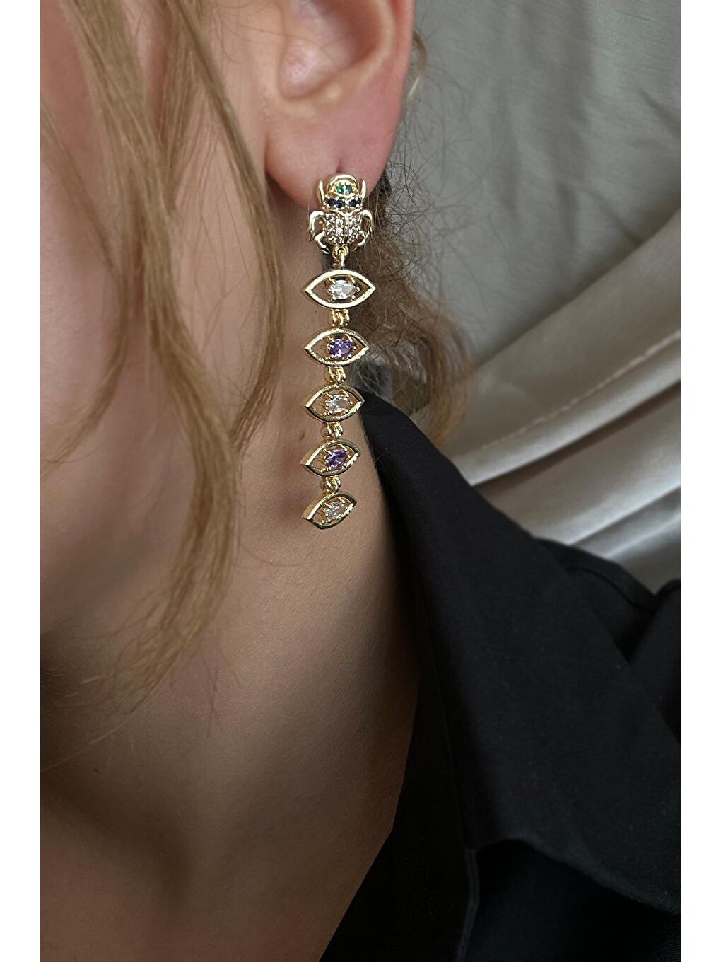 Sarı Artisan Antik Mısır Sallantılı El yapımı 18 K Altın Kaplama Küpe