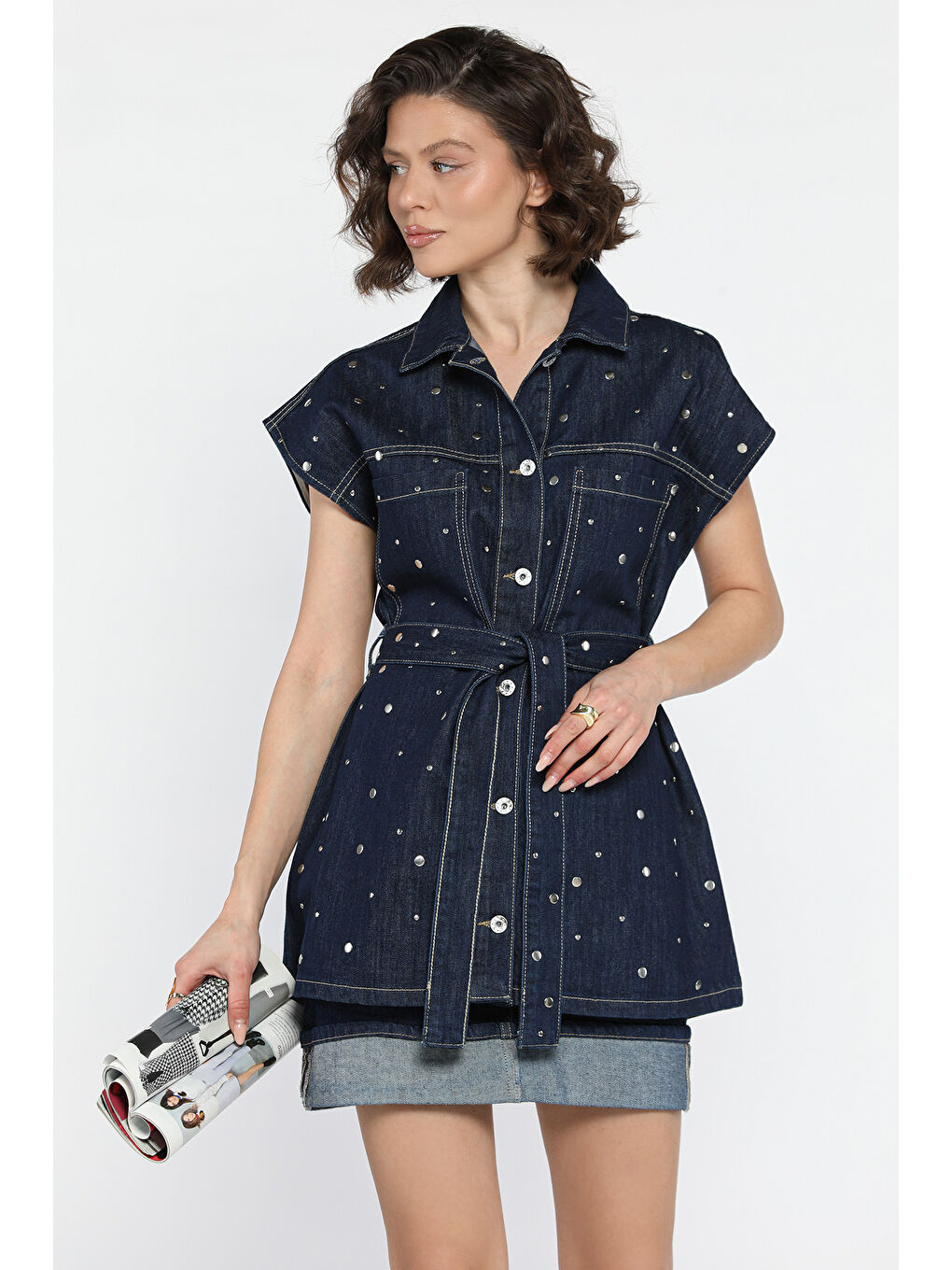 Lacivert Zımba Detaylı Kuşaklı Yelek Etek Kadın Jean İkili Takım-2