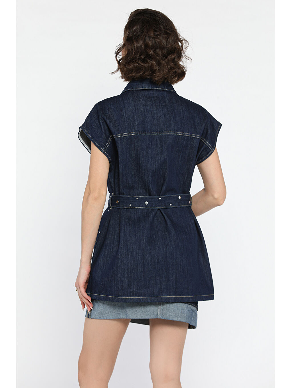 Lacivert Zımba Detaylı Kuşaklı Yelek Etek Kadın Jean İkili Takım-3