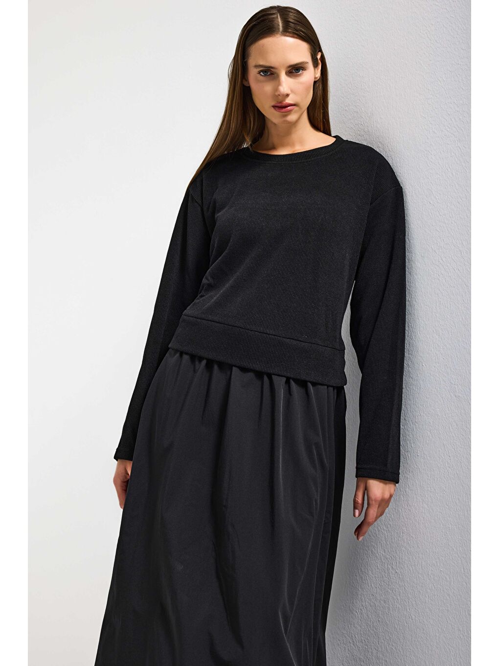 Kadın Siyah w5 Triko Kazak Etek Tek Parça Tasarım Elbise-2