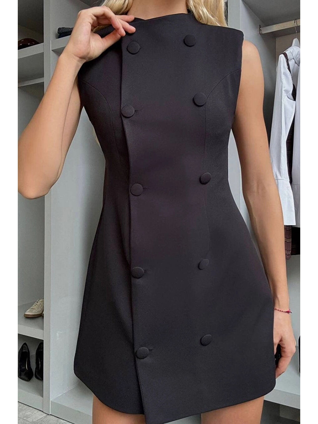 Kadın Siyah Kaplama Düğmeli Ceket Elbise 1041-2781-1