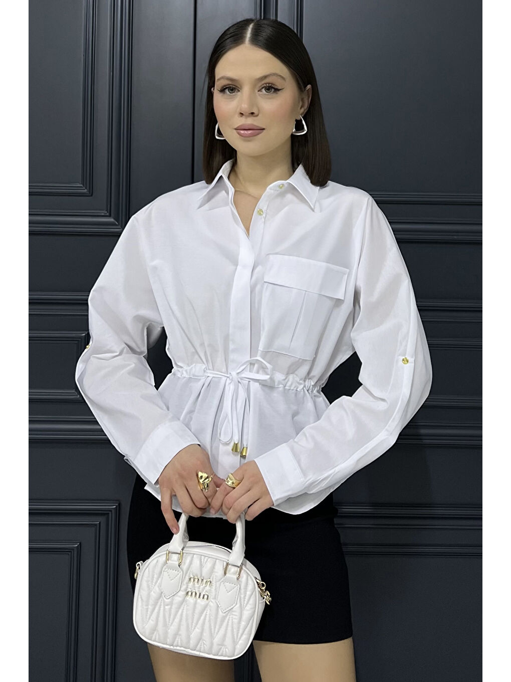Beyaz Bel Bağcıklı Uzun Kol Kadın Gömlek-1