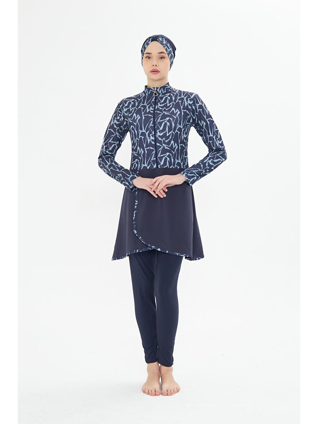 Tam Kapalı Elastanlı Desenli Etekli Tesettür Mayo Lacivert 3482-L