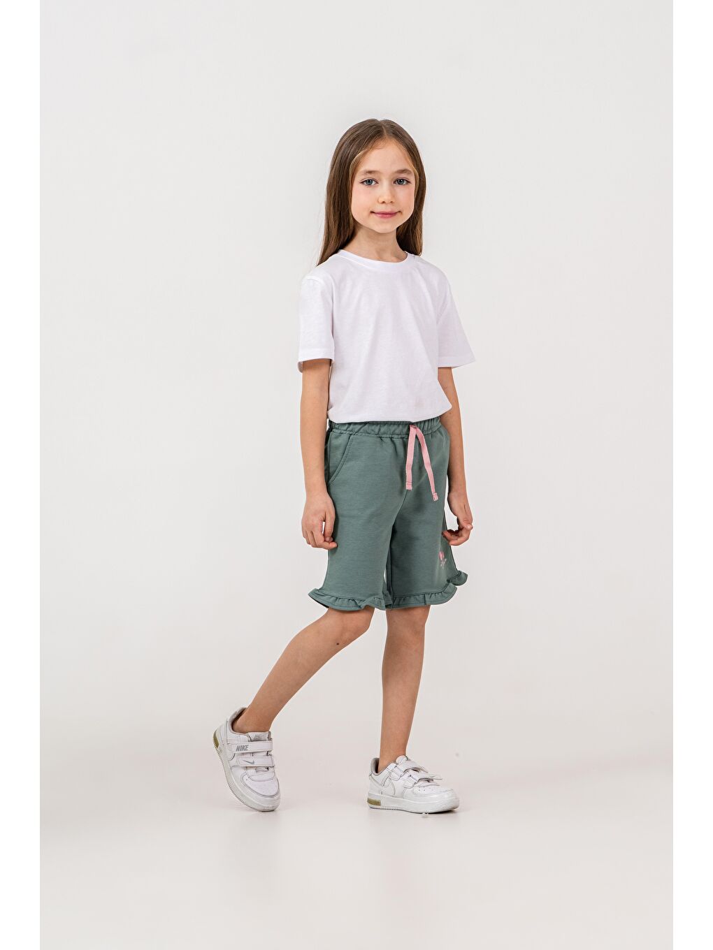Yeşil Fırfırlı Kiraz Baskılı Kız Çocuk Şort-1