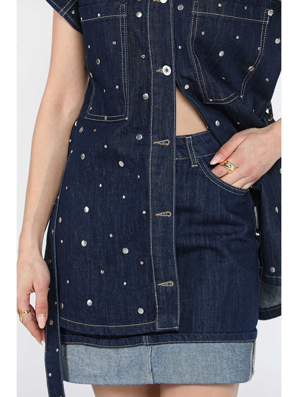 Lacivert Zımba Detaylı Kuşaklı Yelek Etek Kadın Jean İkili Takım-4