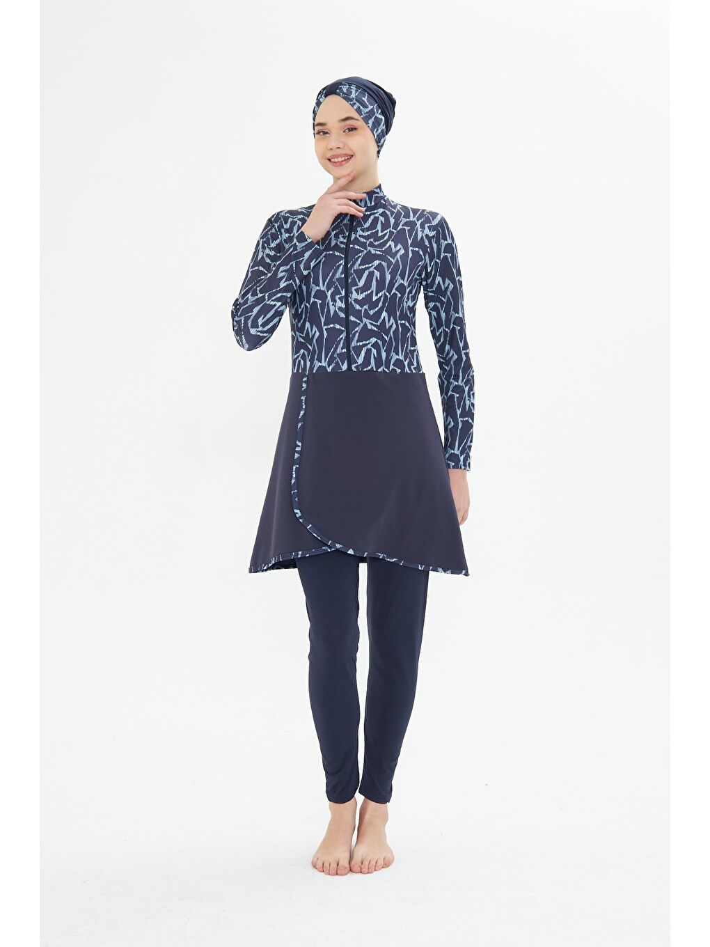 Tam Kapalı Elastanlı Desenli Etekli Tesettür Mayo Lacivert 3482-L-2