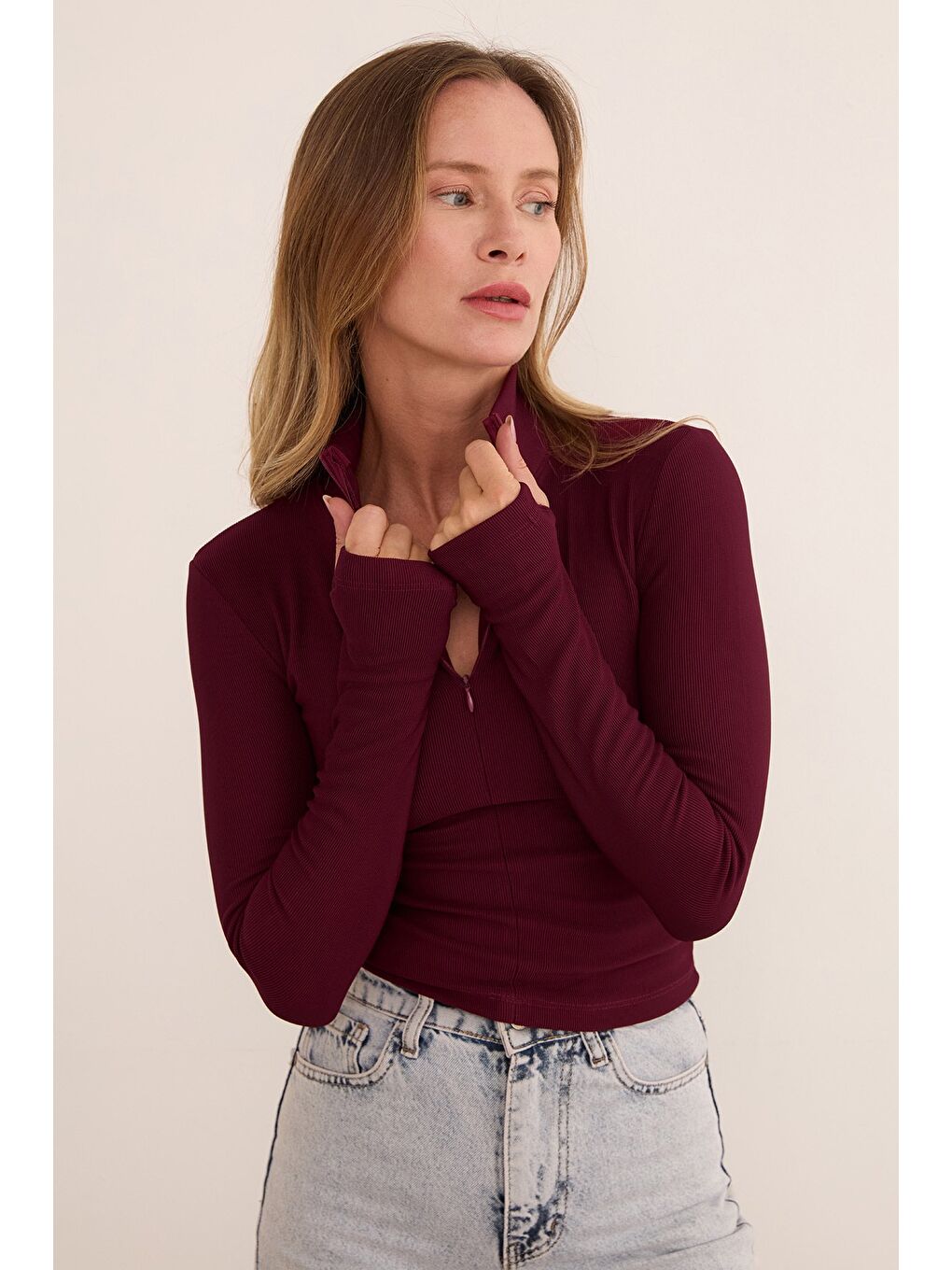 Bordo Fitilli Fermuarlı Dik Yaka Bluz-3