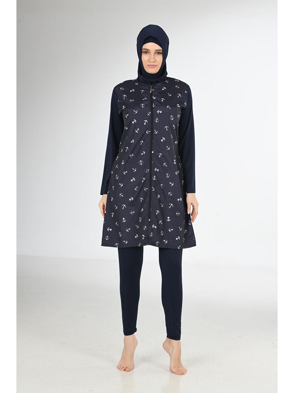 Siyah Tam Kapalı Desenli Paraşüt Kumaş Tesettür Mayo 3214