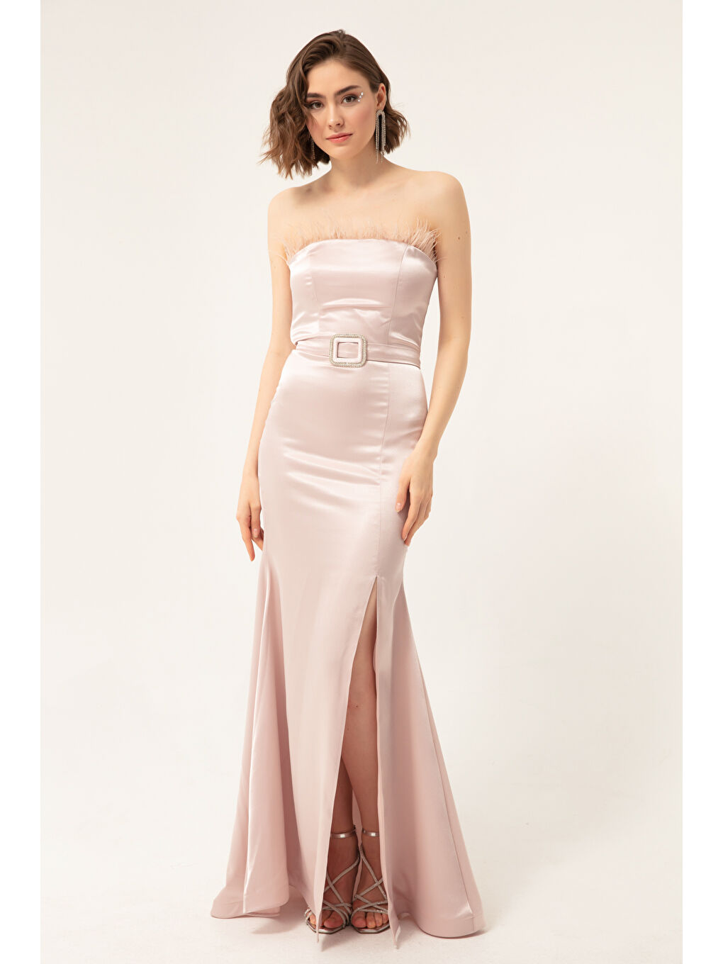 Pembe Kadın Pudra Straplez Taşlı Kemerli Balık Abiye-2