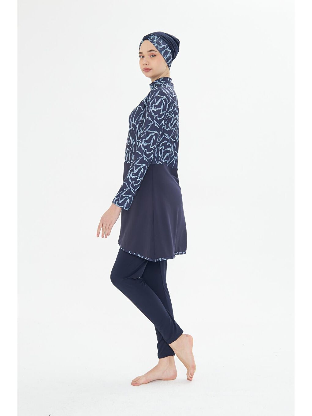 Tam Kapalı Elastanlı Desenli Etekli Tesettür Mayo Lacivert 3482-L-3
