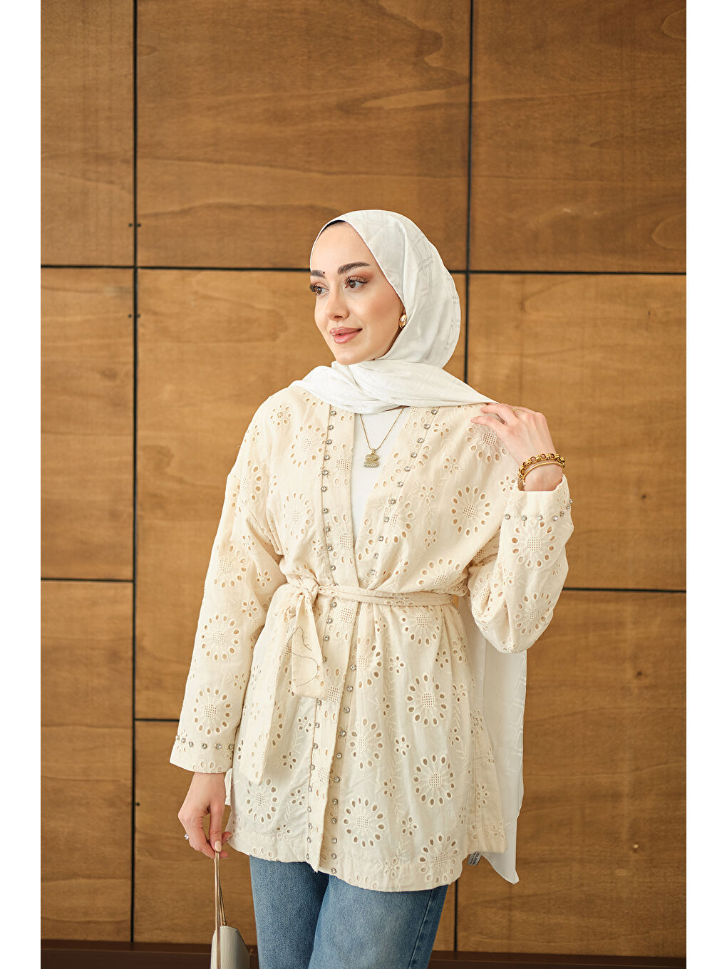Ekru Kadın Brode Taş İşlemeli Kimono Krem-4