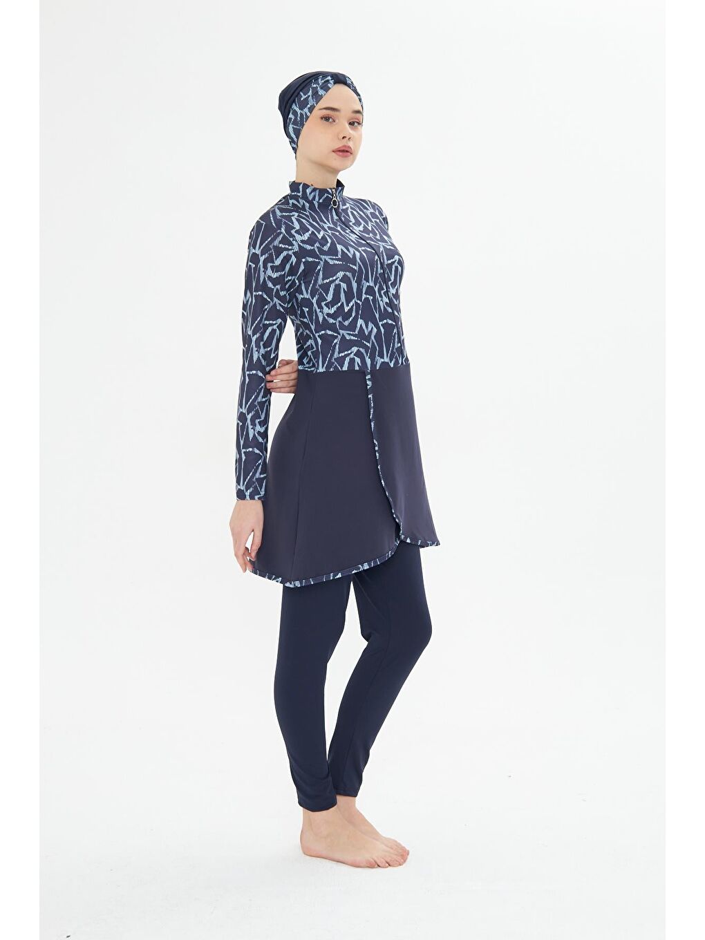 Tam Kapalı Elastanlı Desenli Etekli Tesettür Mayo Lacivert 3482-L-4