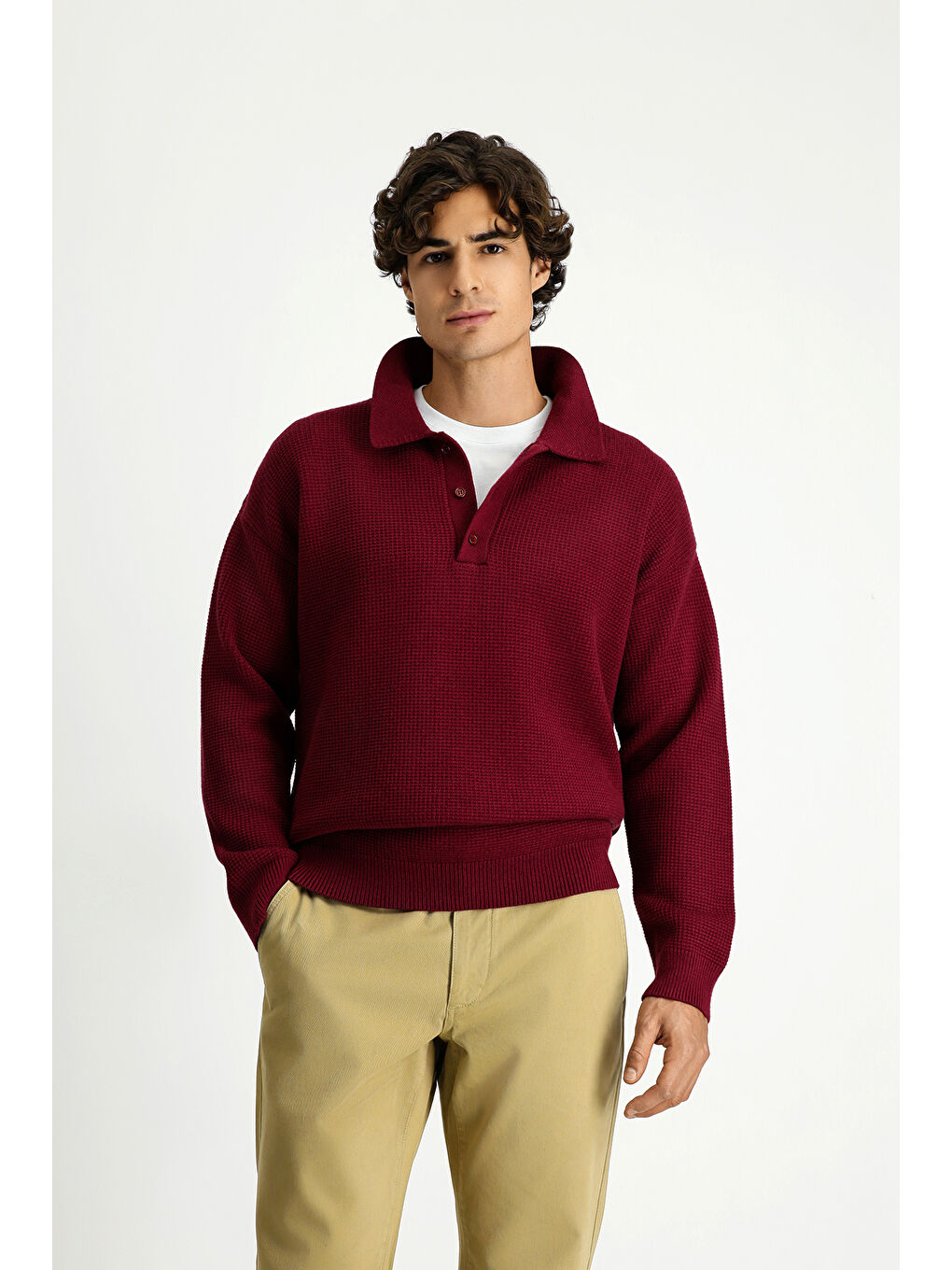 Bordo Polo Yaka Oversize Ekstra Rahat Kesim Desenli Triko Kazak