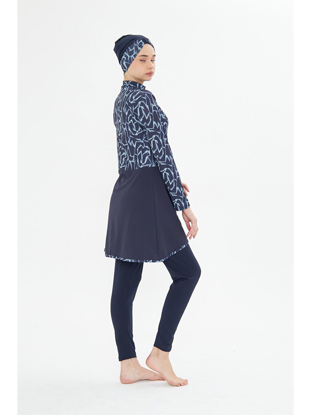Tam Kapalı Elastanlı Desenli Etekli Tesettür Mayo Lacivert 3482-L-5