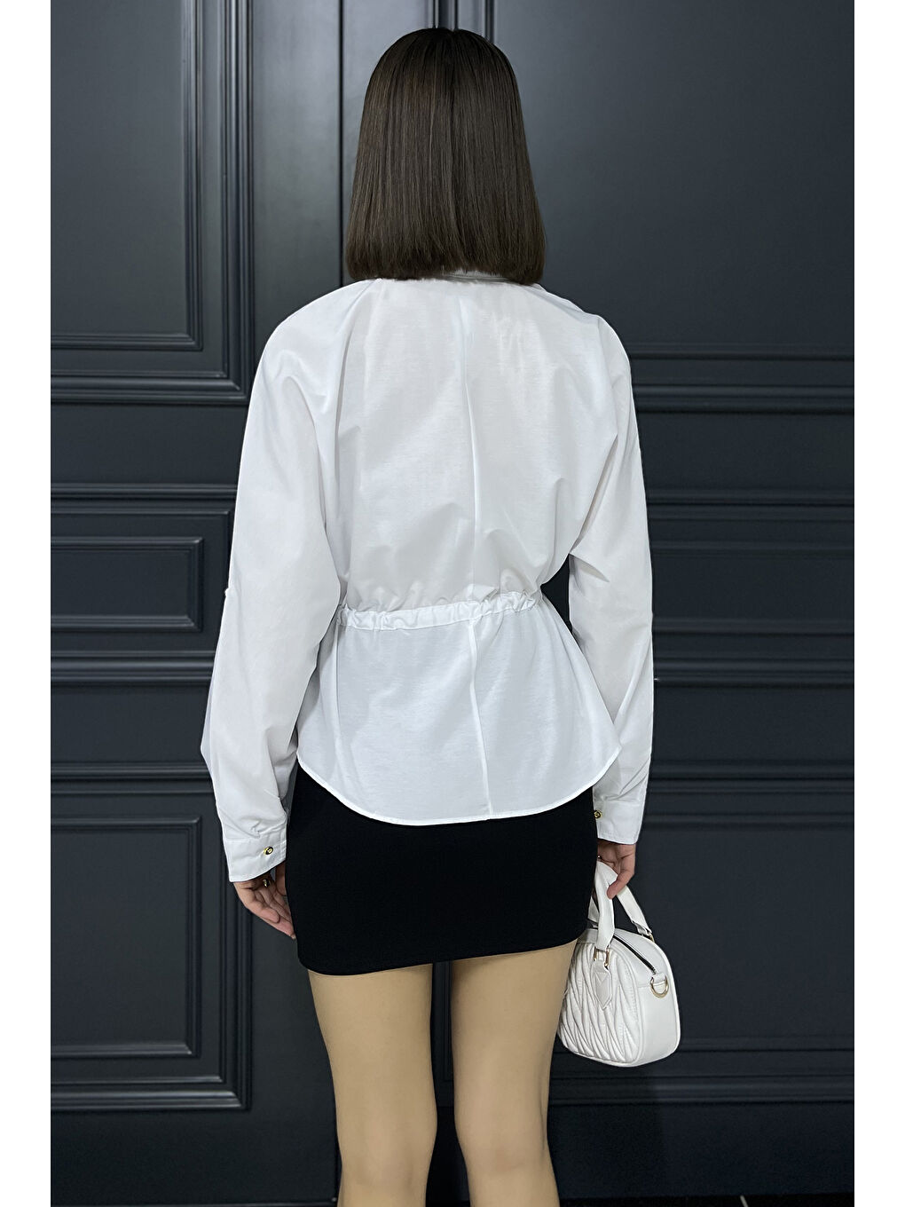 Beyaz Bel Bağcıklı Uzun Kol Kadın Gömlek-2