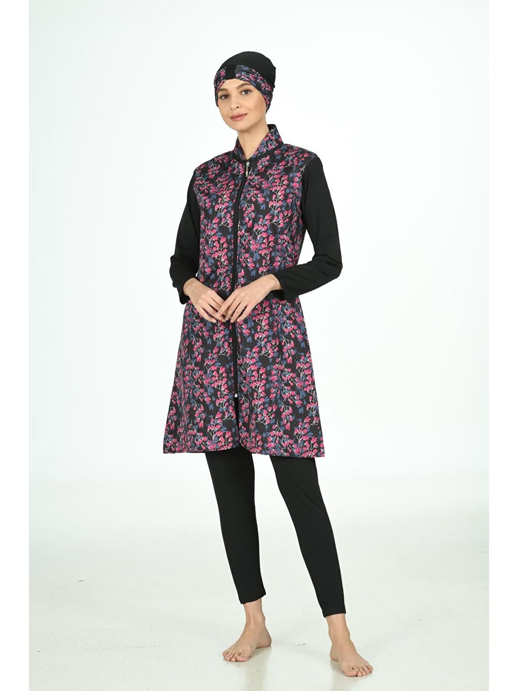Siyah Tam Kapalı Desenli Paraşüt Kumaş Tesettür Mayo 3109-4